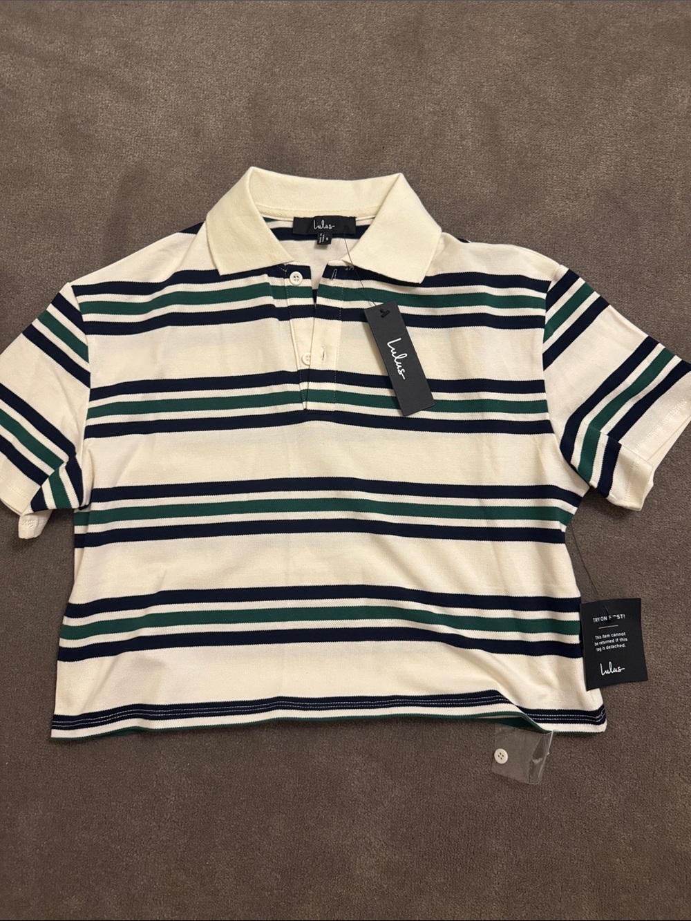 Lulu's Cream Polo Tee with Navy and Forest Green Stripes